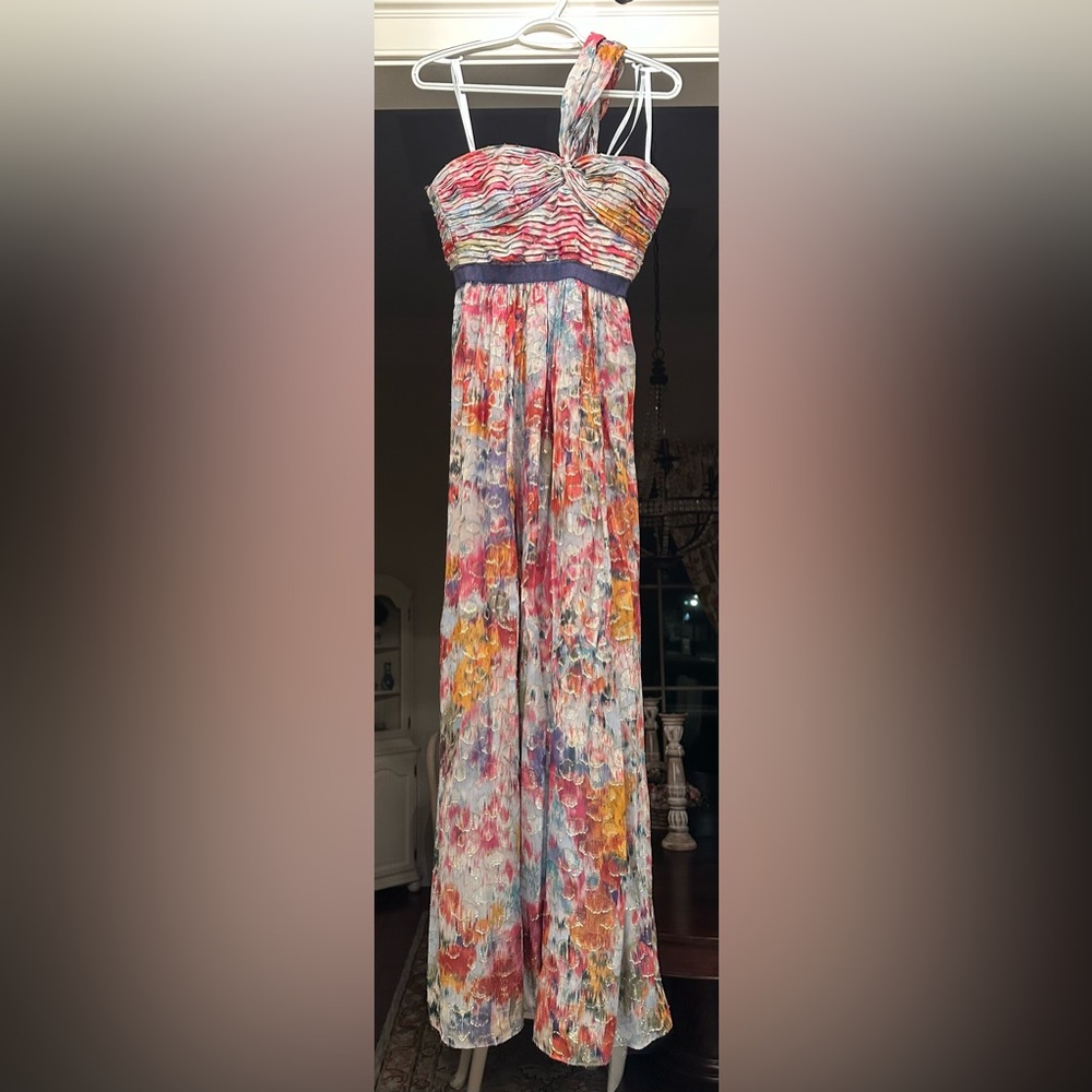 BCBGMaxAzria Elegant Inga Metallic Pleated Multi-Colored One Shoulder Dress
